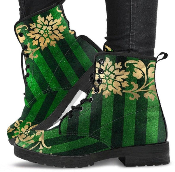 Ankle Boots, Unisex Lace Up, Combat boots, Classic Short boots-Christmas Green Striped Trim - MaWeePet- Art on Apparel